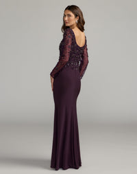 Mac Duggal #2340 amethyst long sleeve beaded column gown back view