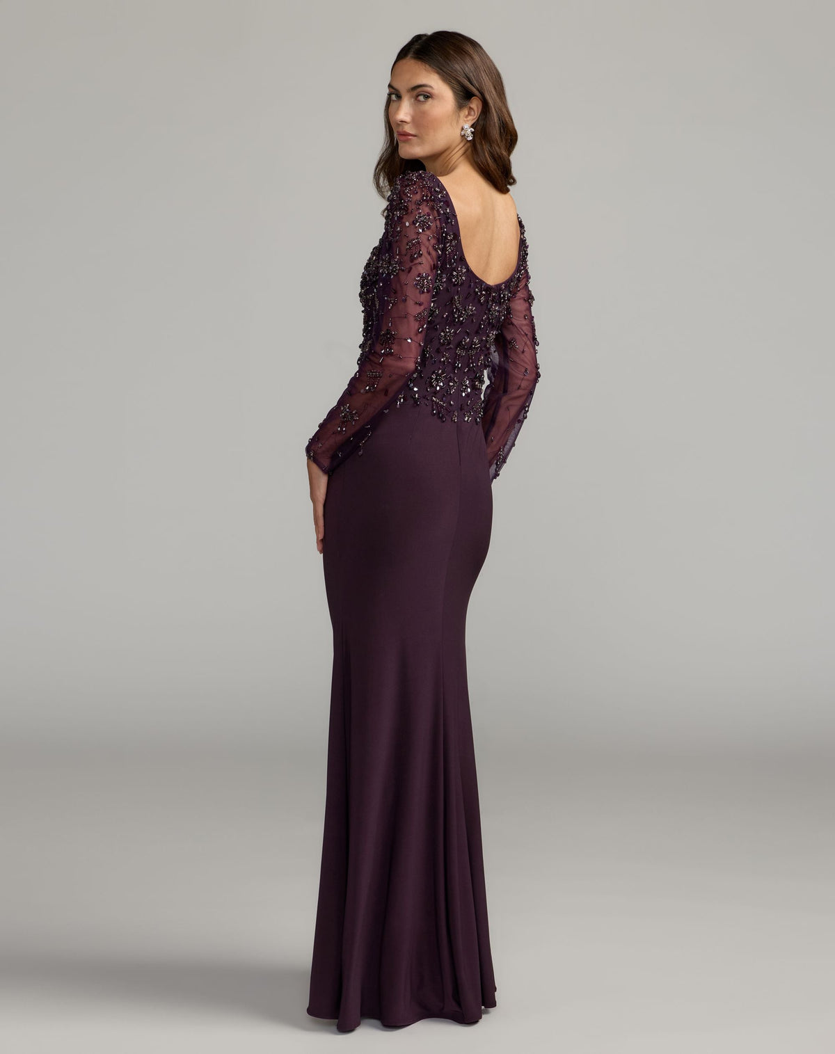 Mac Duggal #2340 amethyst long sleeve beaded column gown back view