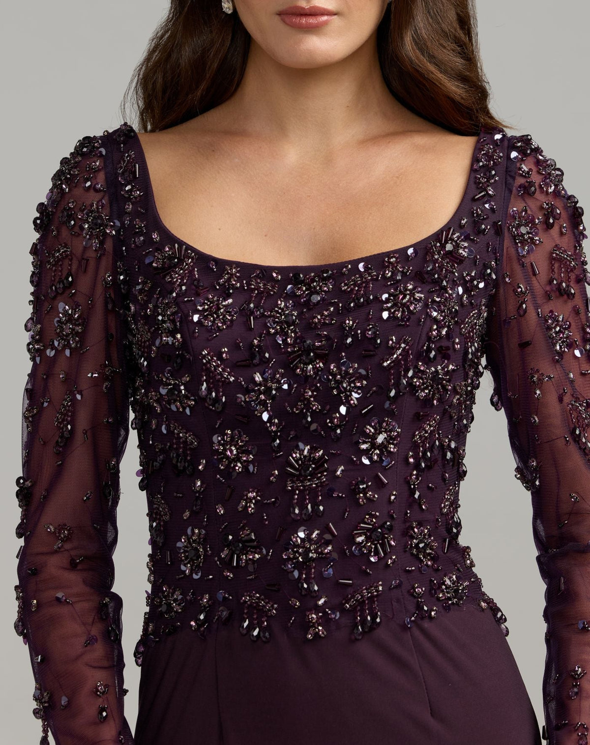 Mac Duggal #2340 amethyst long sleeve beaded column gown close-up