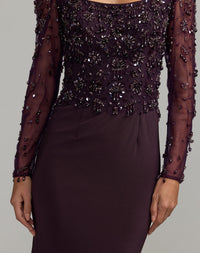 Mac Duggal #2340 amethyst long sleeve beaded column gown close-up