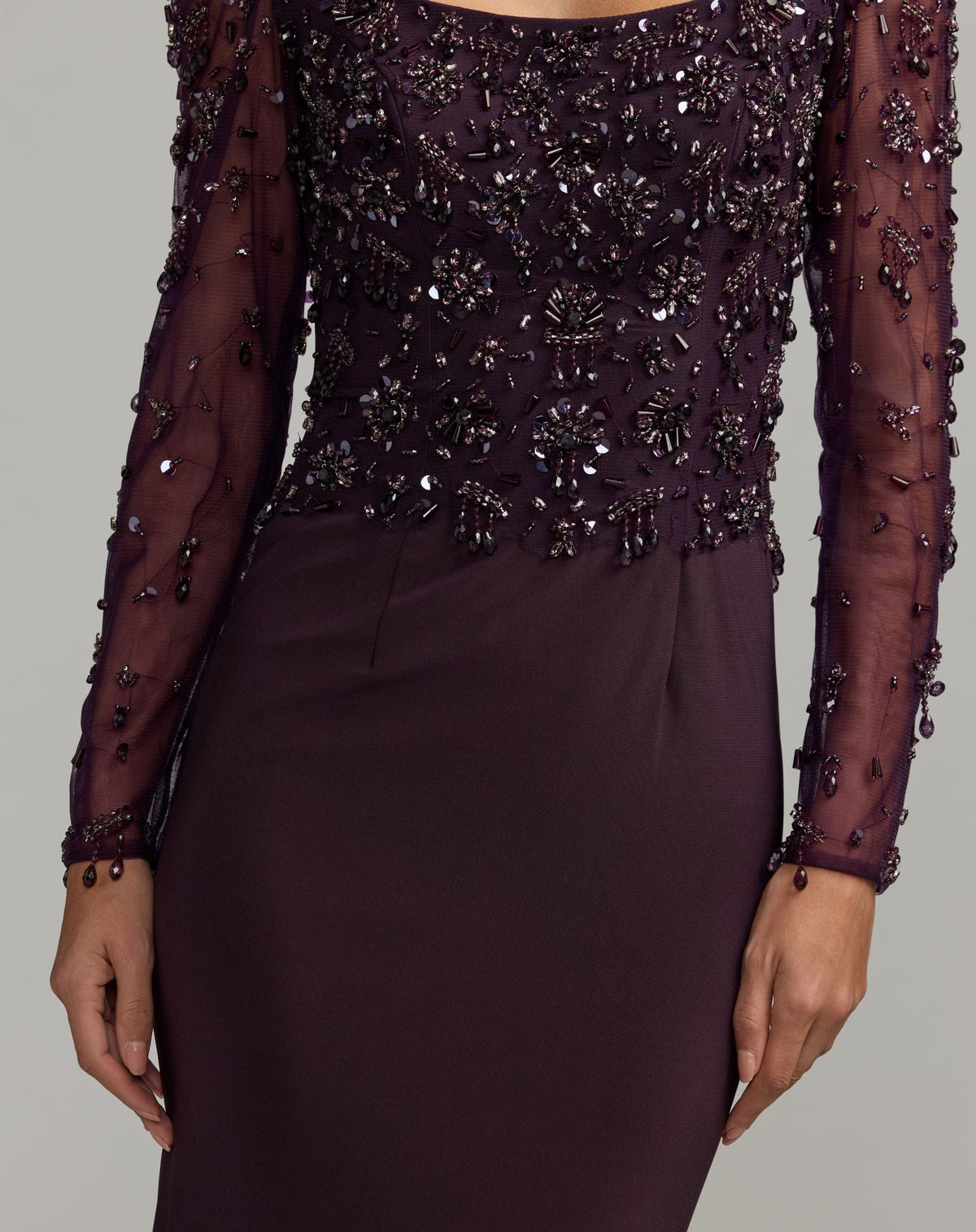 Mac Duggal #2340 amethyst long sleeve beaded column gown close-up