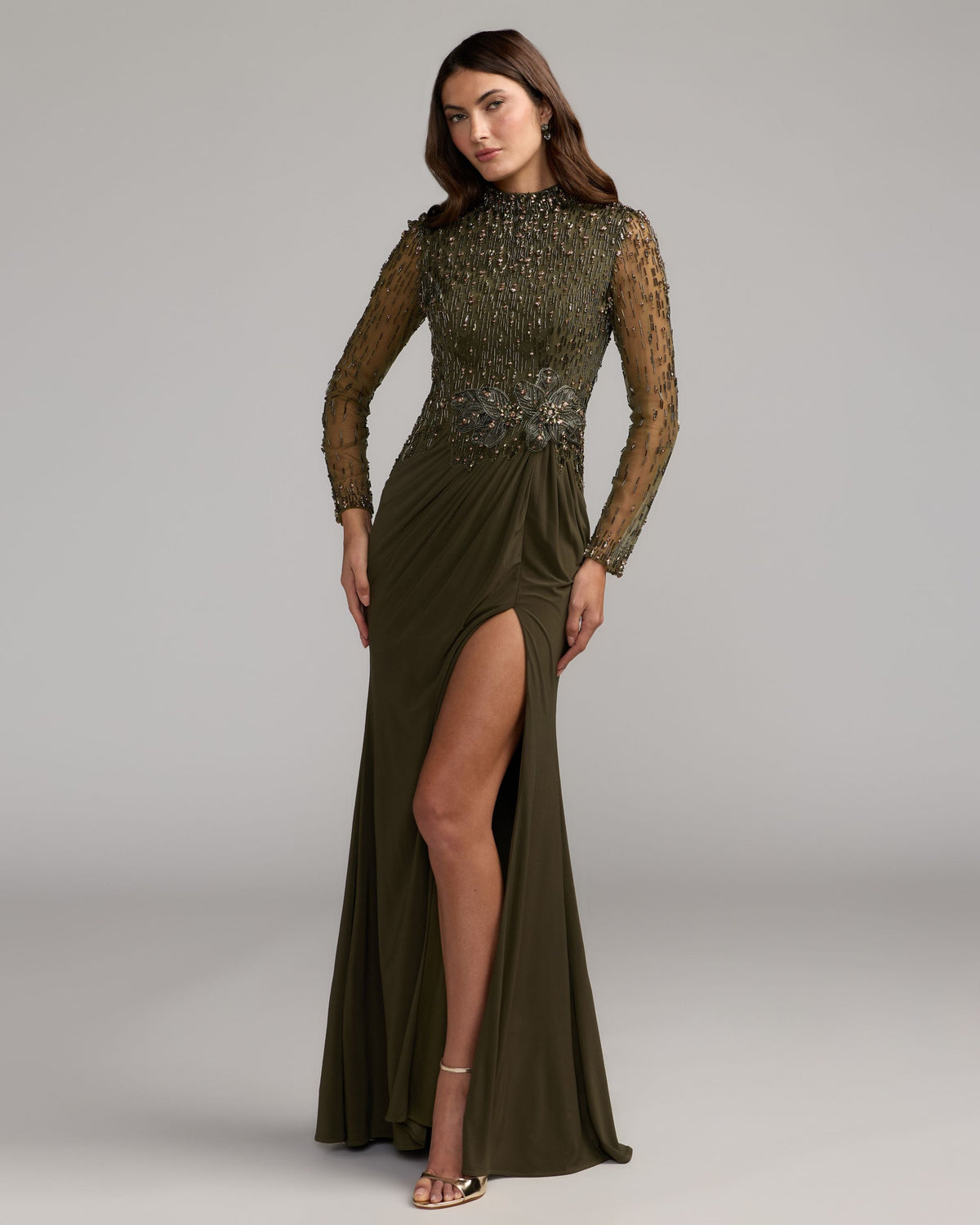 Mac Duggal #2341 olive beaded mock neck jersey gown