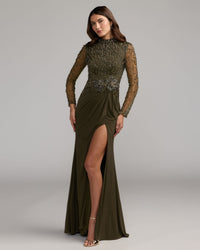 Mac Duggal #2341 olive beaded mock neck jersey gown