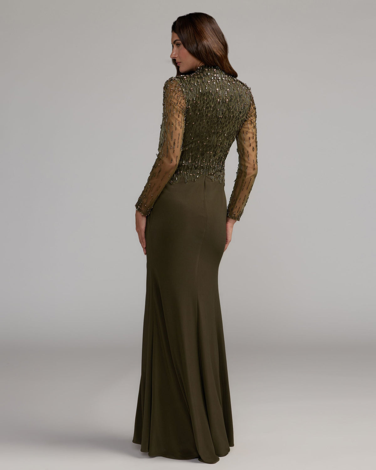 Mac Duggal #2341 olive beaded mock neck jersey gown back view
