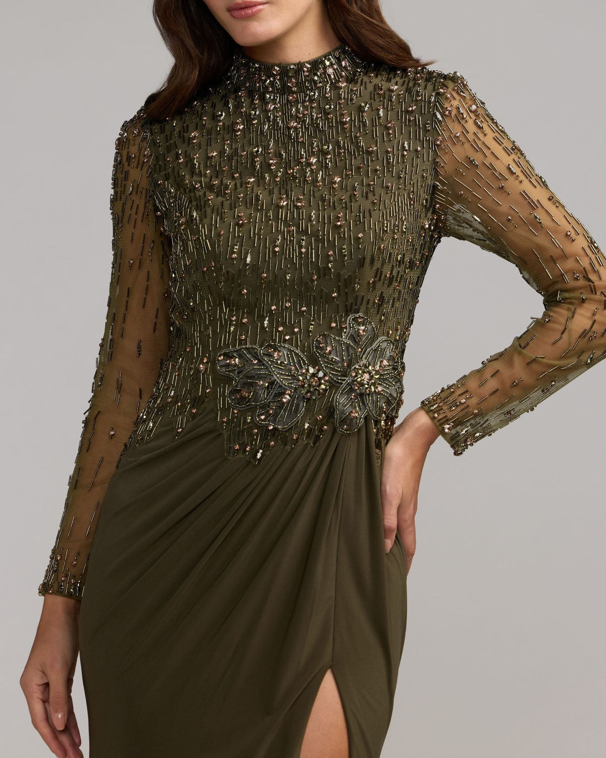 Mac Duggal #2341 olive beaded mock neck jersey gown close-up