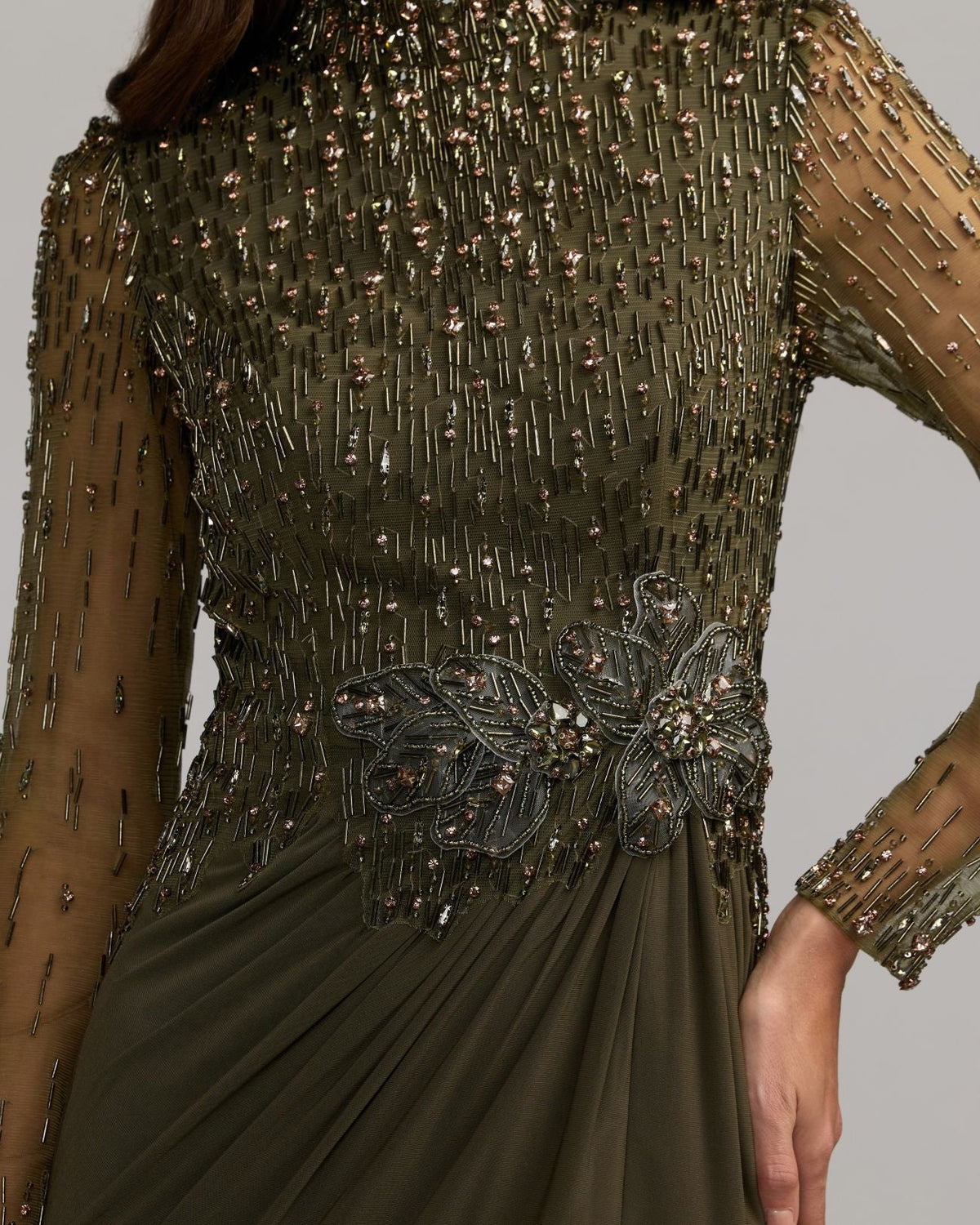 Mac Duggal #2341 olive beaded mock neck jersey gown close-up