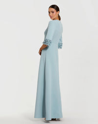 Blue A-Line Crepe Gown With Embellished 3/4 Sleeves - Back