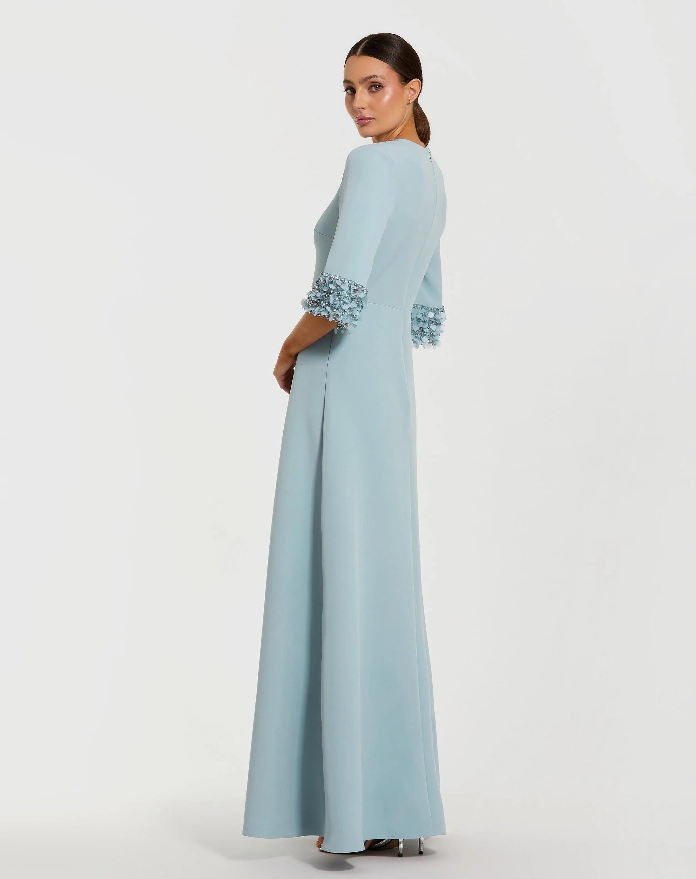 Blue A-Line Crepe Gown With Embellished 3/4 Sleeves - Back