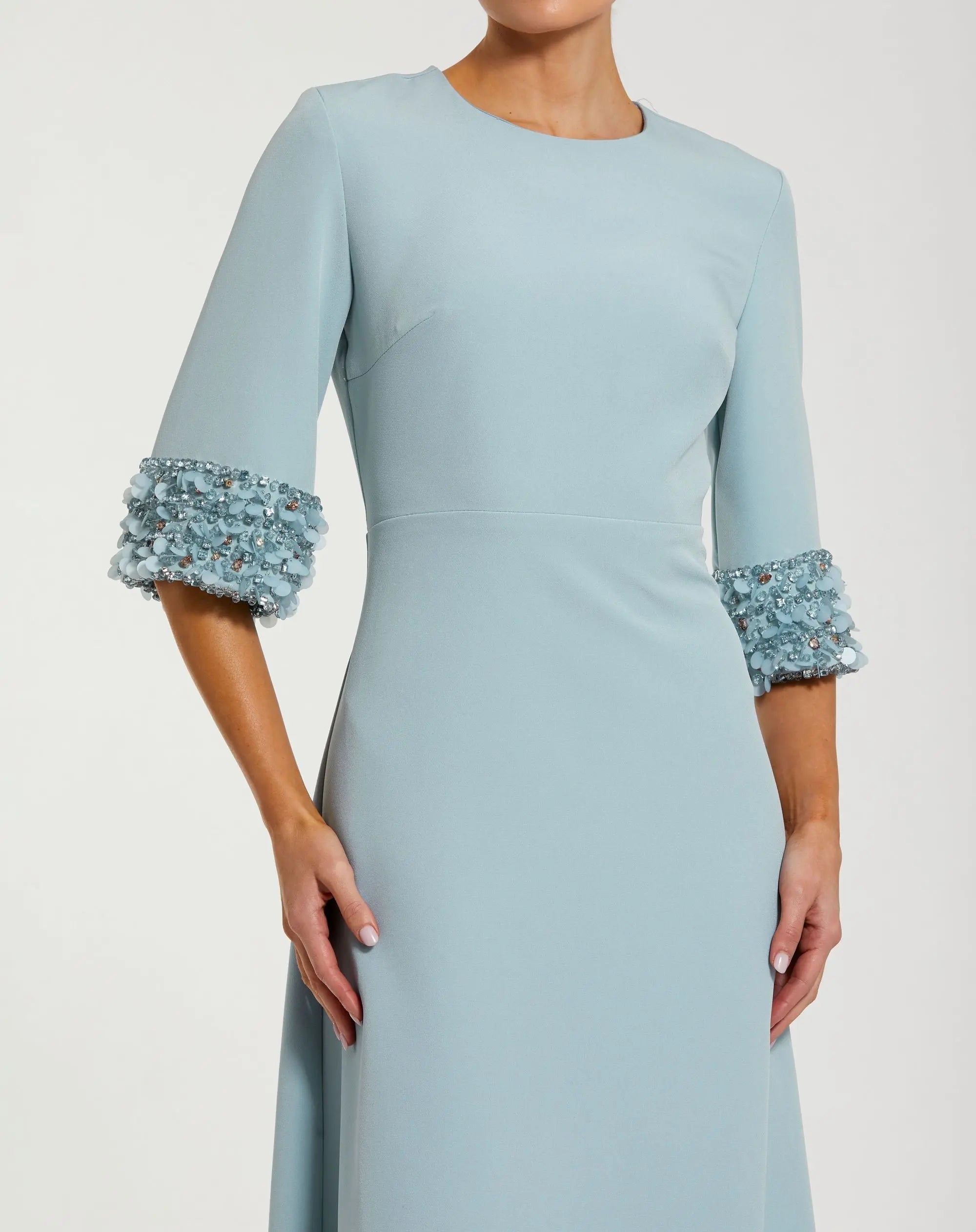 Blue A-Line Crepe Gown With Embellished 3/4 Sleeves - Close Up