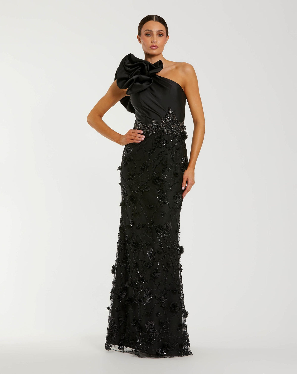 Mac Duggal #2349 black ruffle one shoulder embellished evening gown