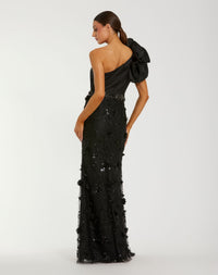 Mac Duggal #2349 black ruffle one shoulder embellished evening gown back view