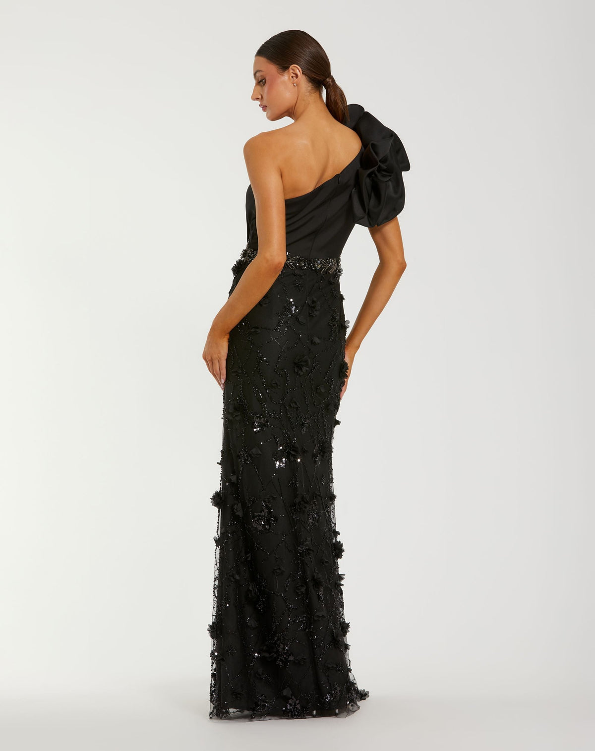 Mac Duggal #2349 black ruffle one shoulder embellished evening gown back view