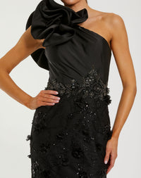 Mac Duggal #2349 black ruffle one shoulder embellished evening gown close-up