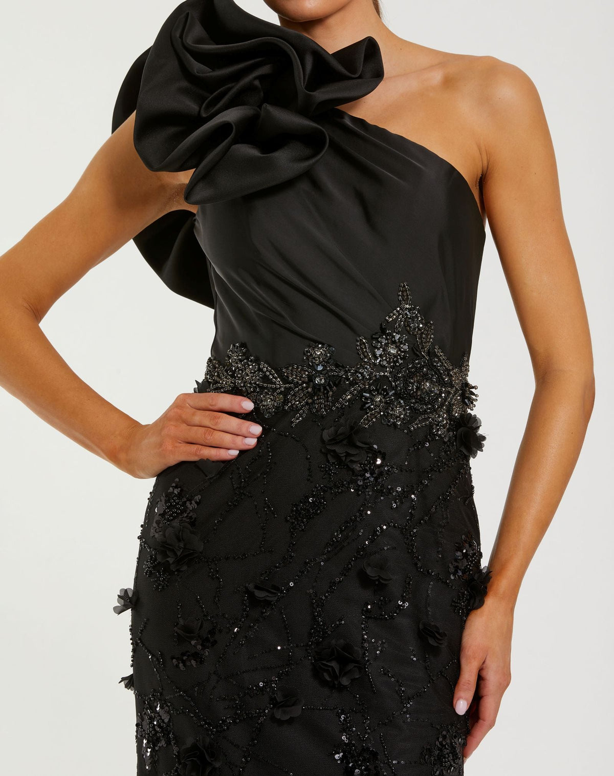 Mac Duggal #2349 black ruffle one shoulder embellished evening gown close-up