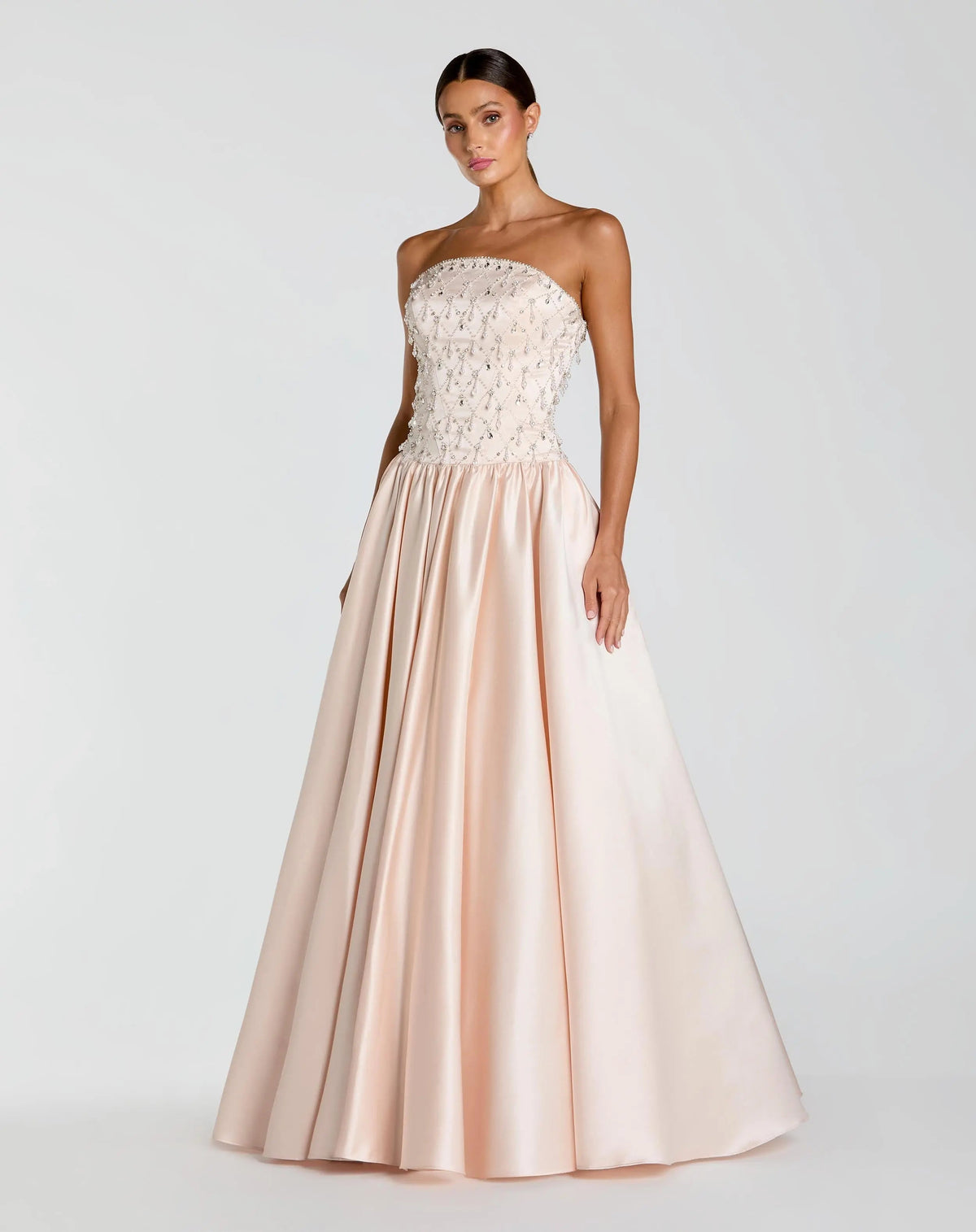 Mac Duggal #2354 porcelain satin pearl beaded strapless ballgown