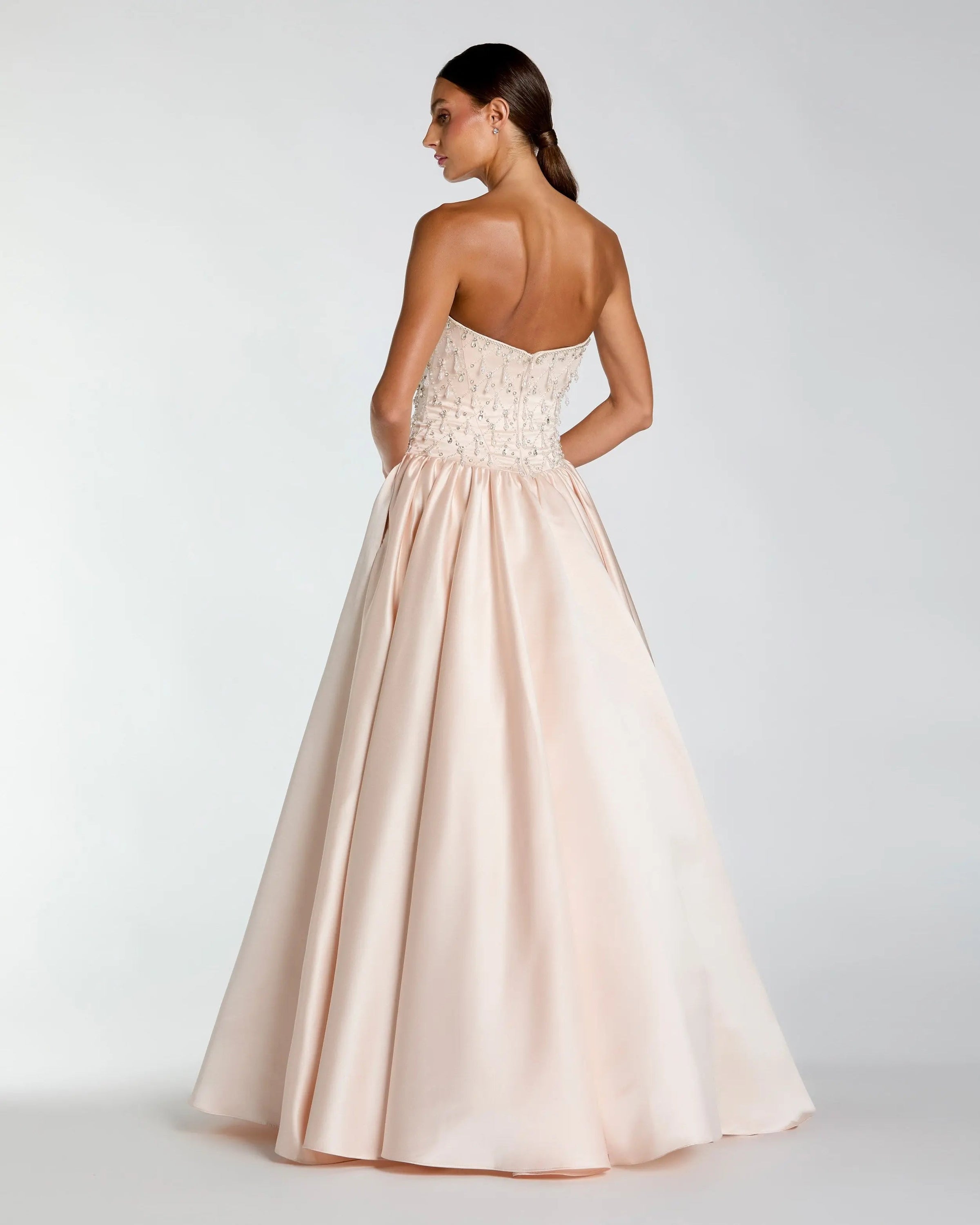 Mac Duggal #2354 porcelain strapless ballgown back view