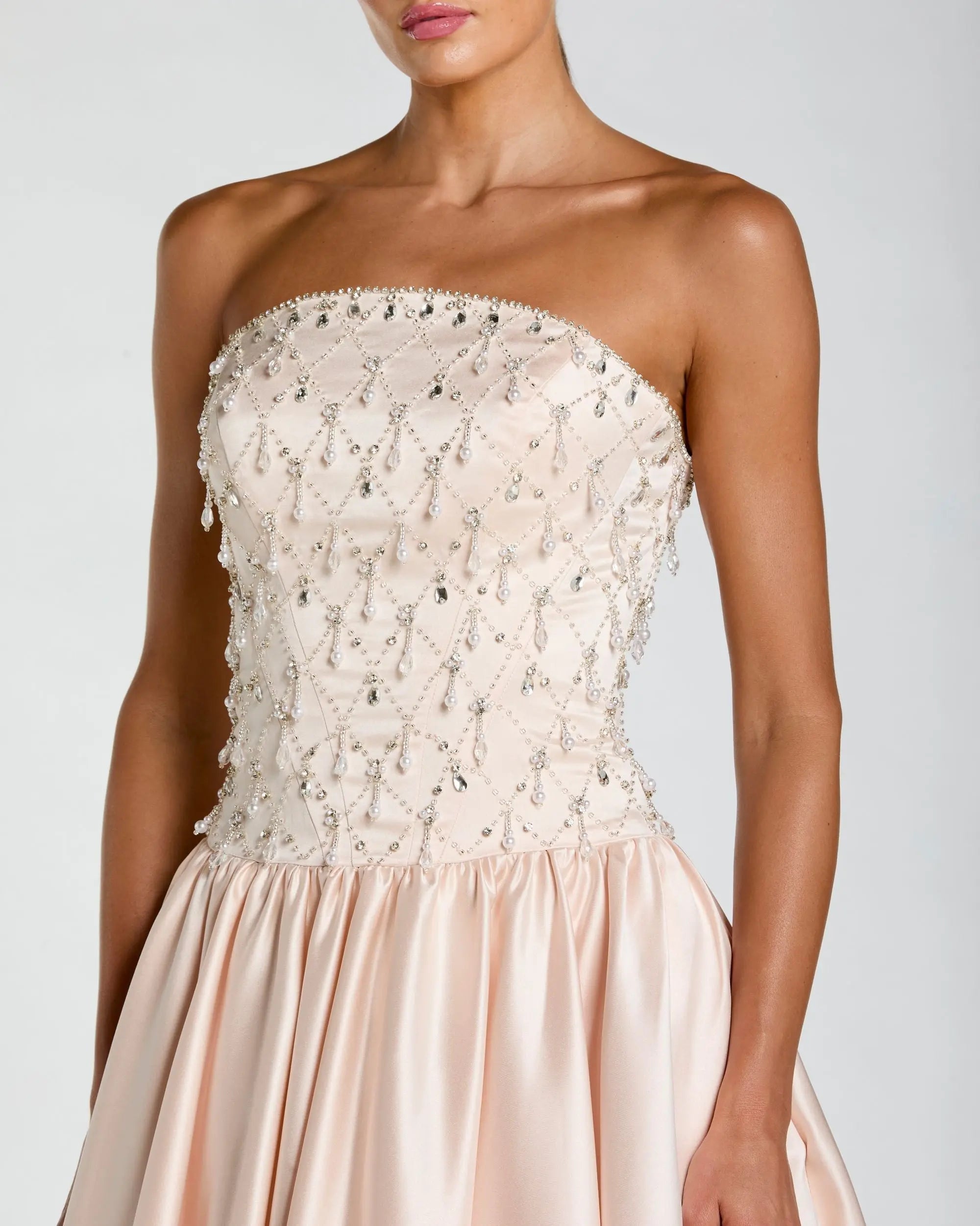 Mac Duggal #2354 porcelain ballgown pearl and crystal bodice detail