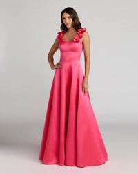 Mac Duggal 2359 Hot Pink sleeveless satin ball gown with 3D flower straps - Front