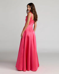 Mac Duggal 2359 Hot Pink sleeveless satin ball gown with 3D flower straps - Back view