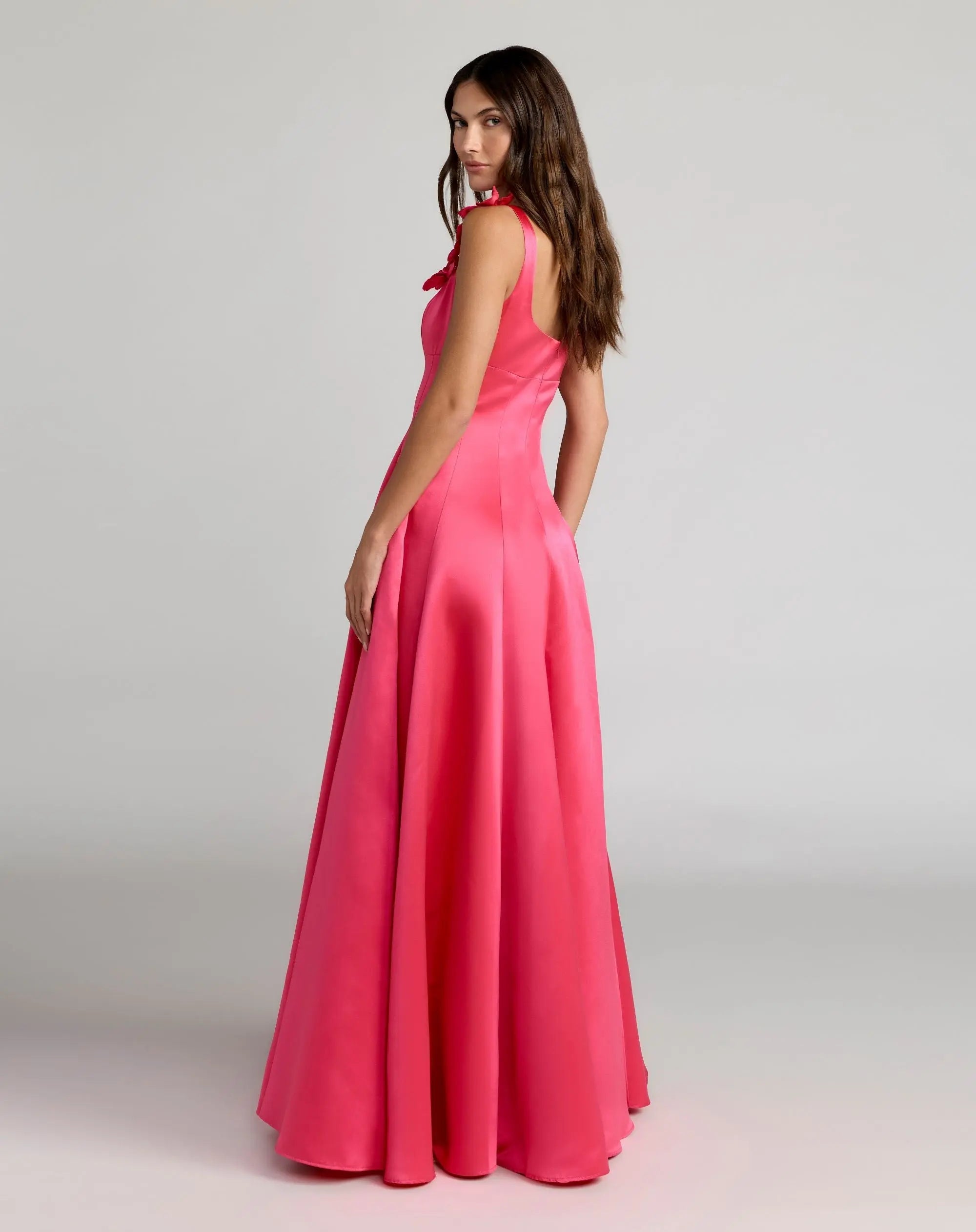 Mac Duggal 2359 Hot Pink sleeveless satin ball gown with 3D flower straps - Back view