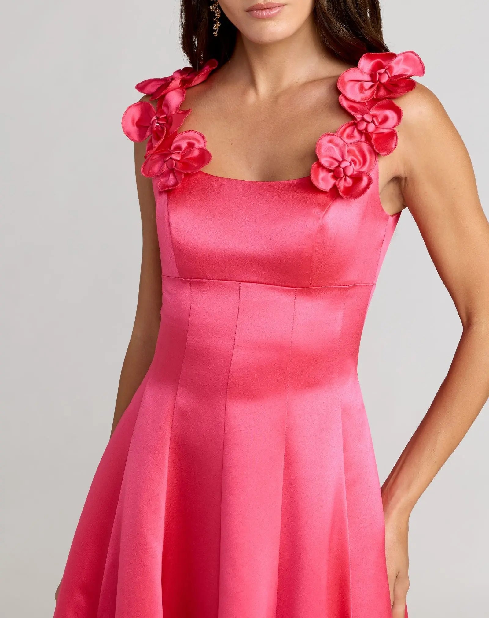 Mac Duggal 2359 Hot Pink sleeveless satin ball gown with 3D flower straps - Close up detail
