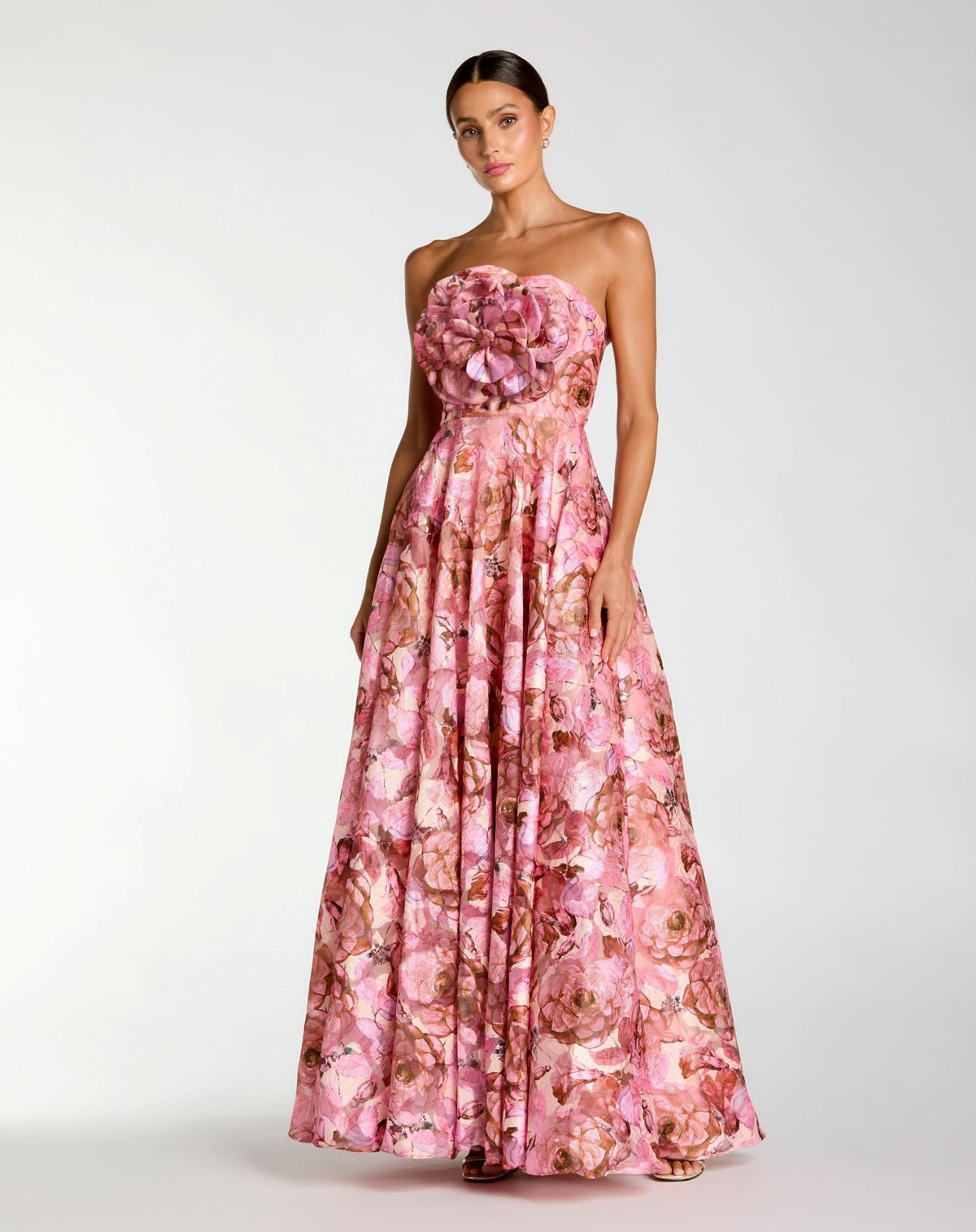 Strapless Floral Printed A-Line Gown With 3D Flower