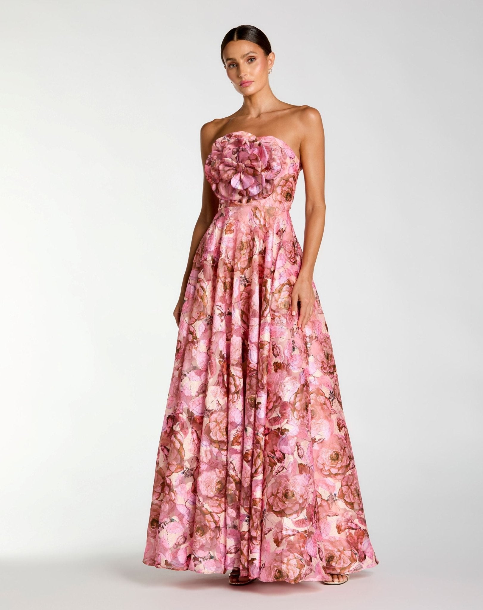 Strapless Floral Printed A-Line Gown With 3D Flower