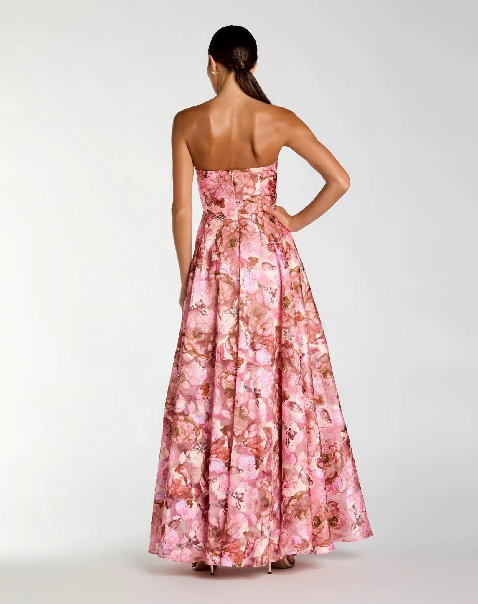 Strapless Floral Printed A-Line Gown With 3D Flower