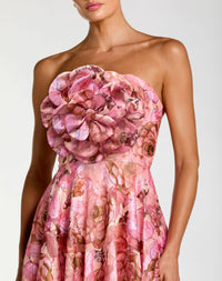 Strapless Floral Printed A-Line Gown With 3D Flower