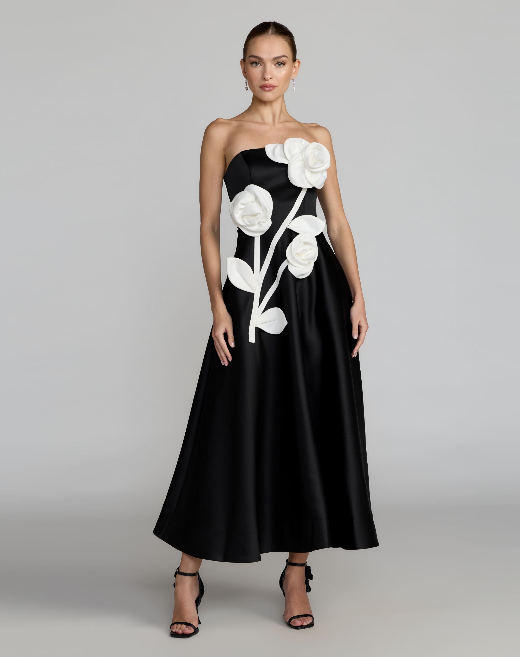 Mac Duggal #2362 black ivory strapless satin a-line dress with 3d flowers