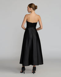 Mac Duggal #2362 black ivory strapless satin a-line dress with 3d flowers