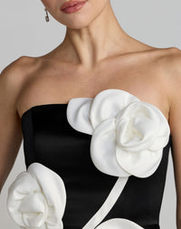 Mac Duggal #2362 black ivory strapless satin a-line dress with 3d flowers