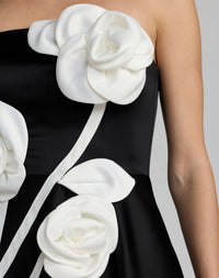 Mac Duggal #2362 black ivory strapless satin a-line dress with 3d flowers