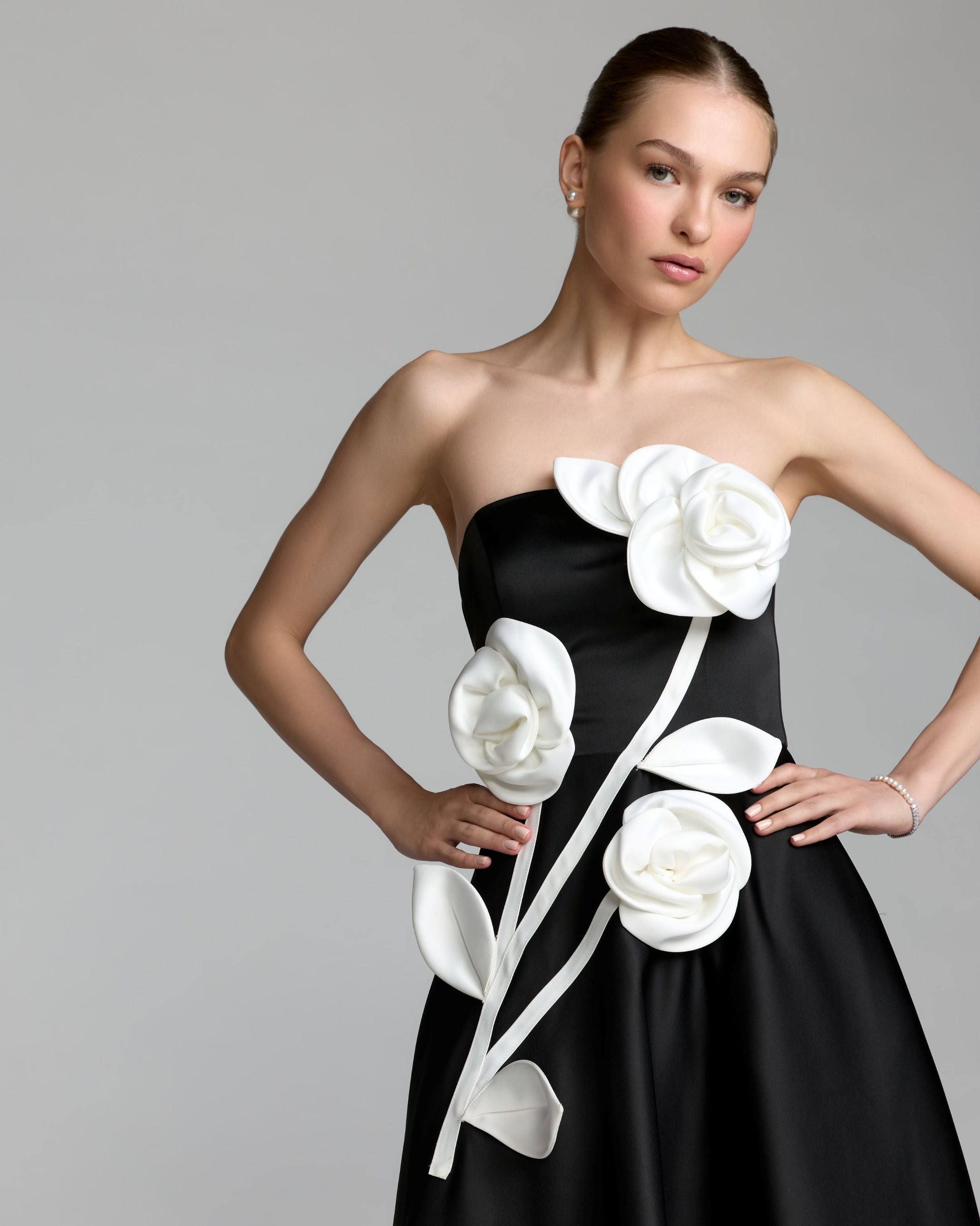 Mac Duggal #2362 black ivory strapless satin a-line dress with 3d flowers