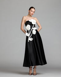 Mac Duggal #2362 black ivory strapless satin a-line dress with 3d flowers
