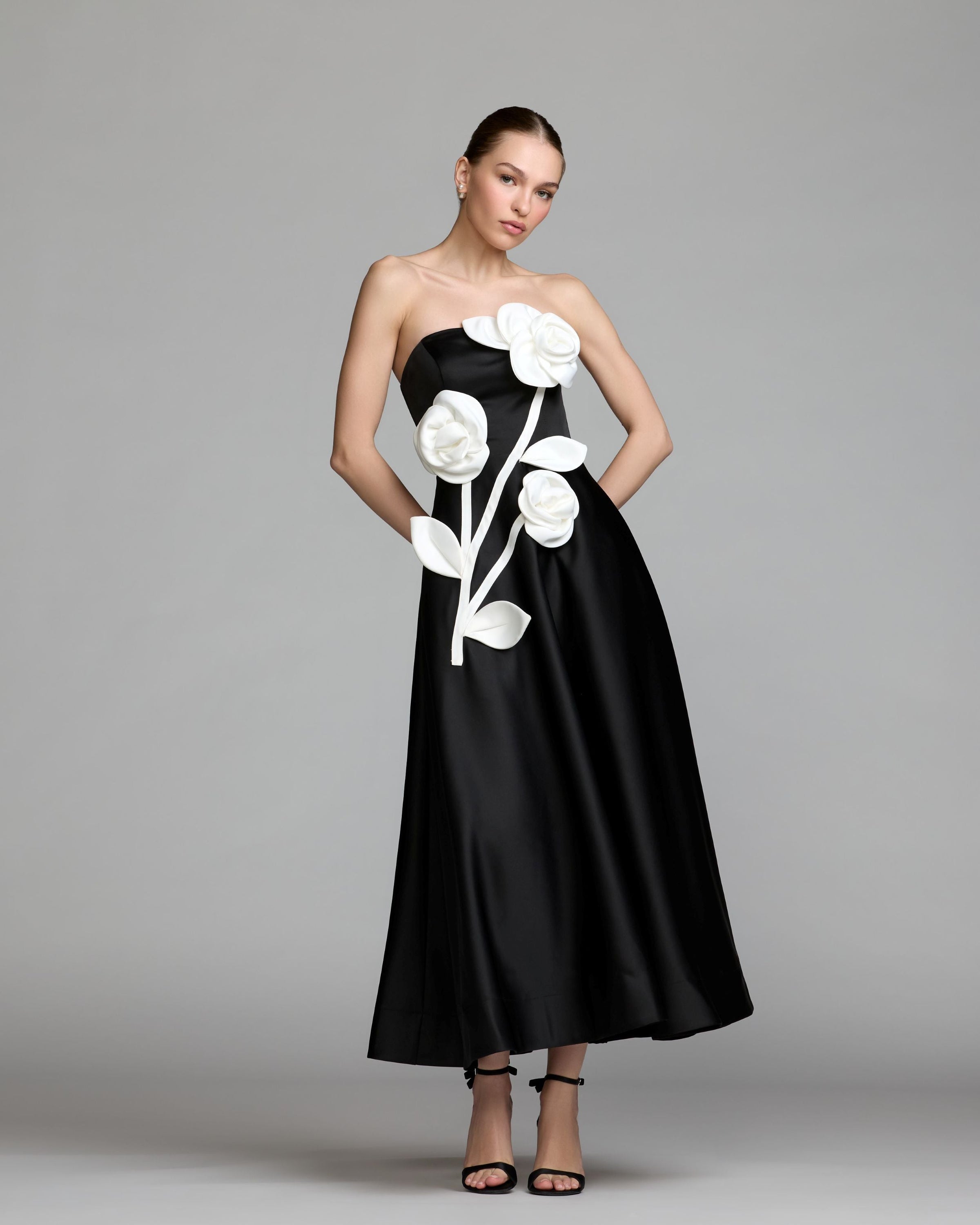 Mac Duggal #2362 black ivory strapless satin a-line dress with 3d flowers