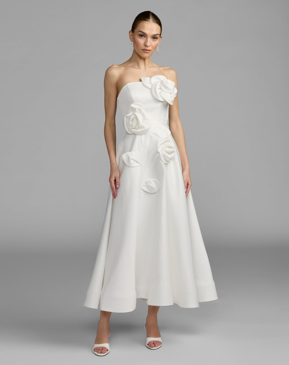 Mac Duggal #2362 ivory strapless satin a-line dress with 3d flowers