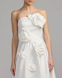 Mac Duggal #2362 ivory strapless satin a-line dress with 3d flowers