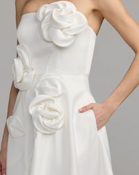 Mac Duggal #2362 ivory strapless satin a-line dress with 3d flowers