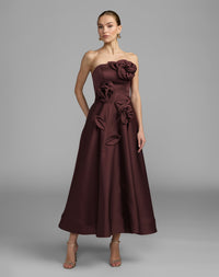 Mac Duggal 2362 wine strapless satin A-line dress with 3D flowers — front