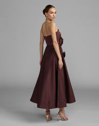 Red Strapless Satin A-Line Dress With 3D Flowers