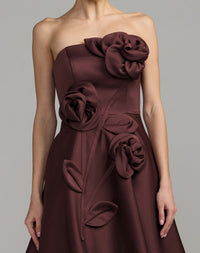 Red Strapless Satin A-Line Dress With 3D Flowers
