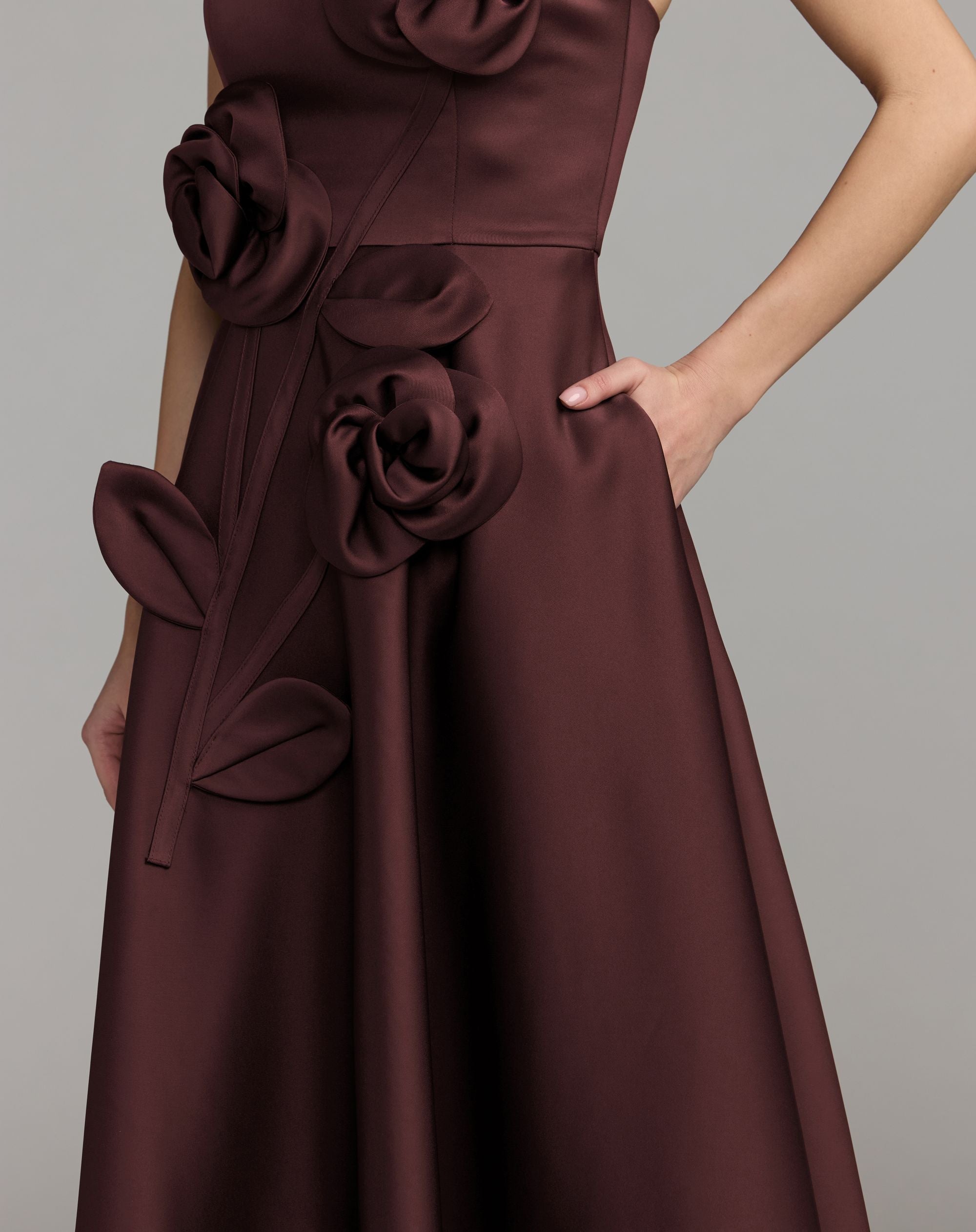 Red Strapless Satin A-Line Dress With 3D Flowers