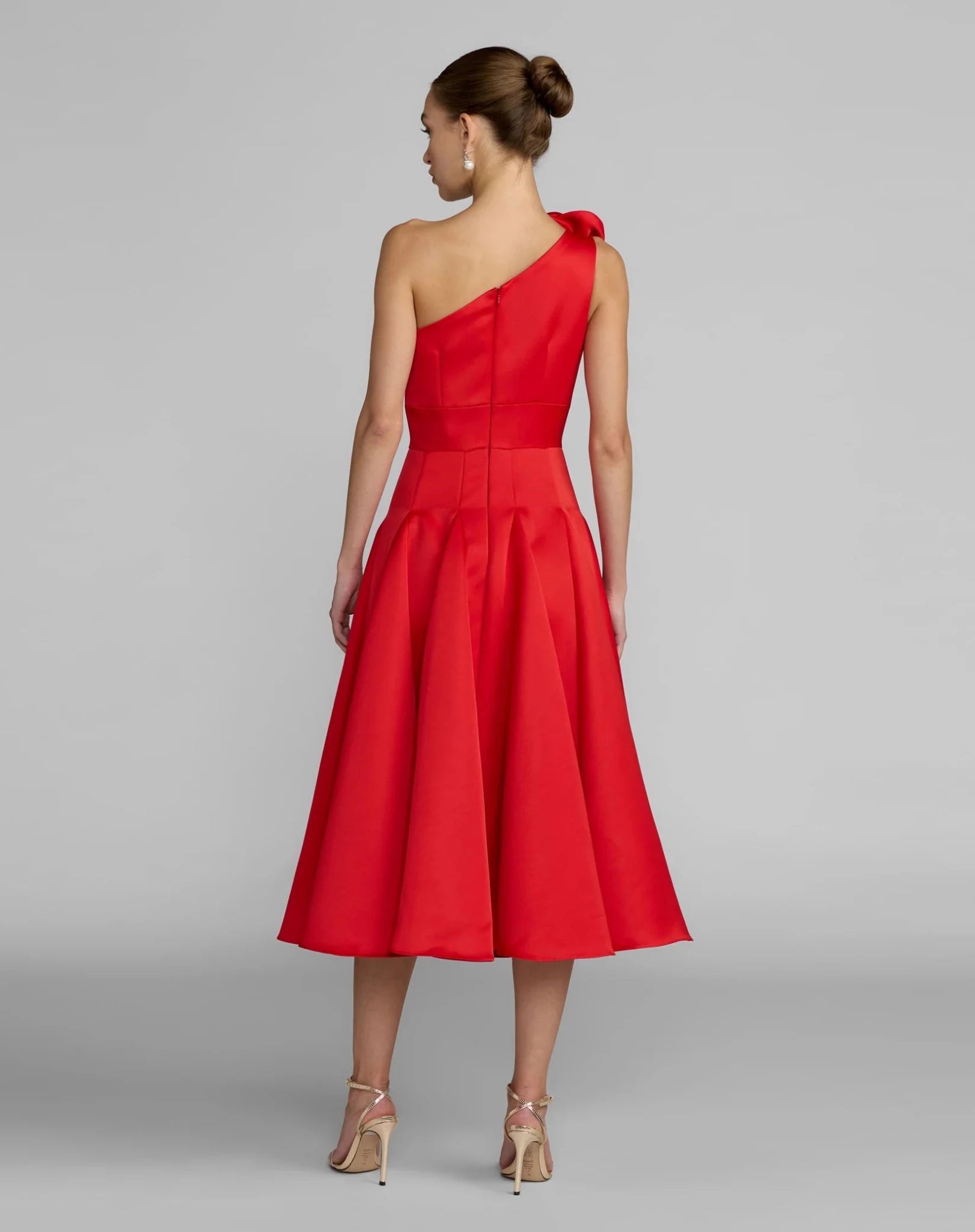 Red Satin One Shoulder 3D Flower Godet Hem Midi Dress