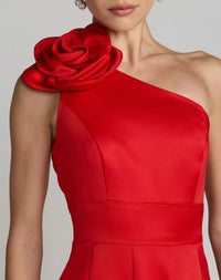 Red Satin One Shoulder 3D Flower Godet Hem Midi Dress