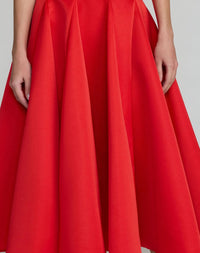 Red Satin One Shoulder 3D Flower Godet Hem Midi Dress