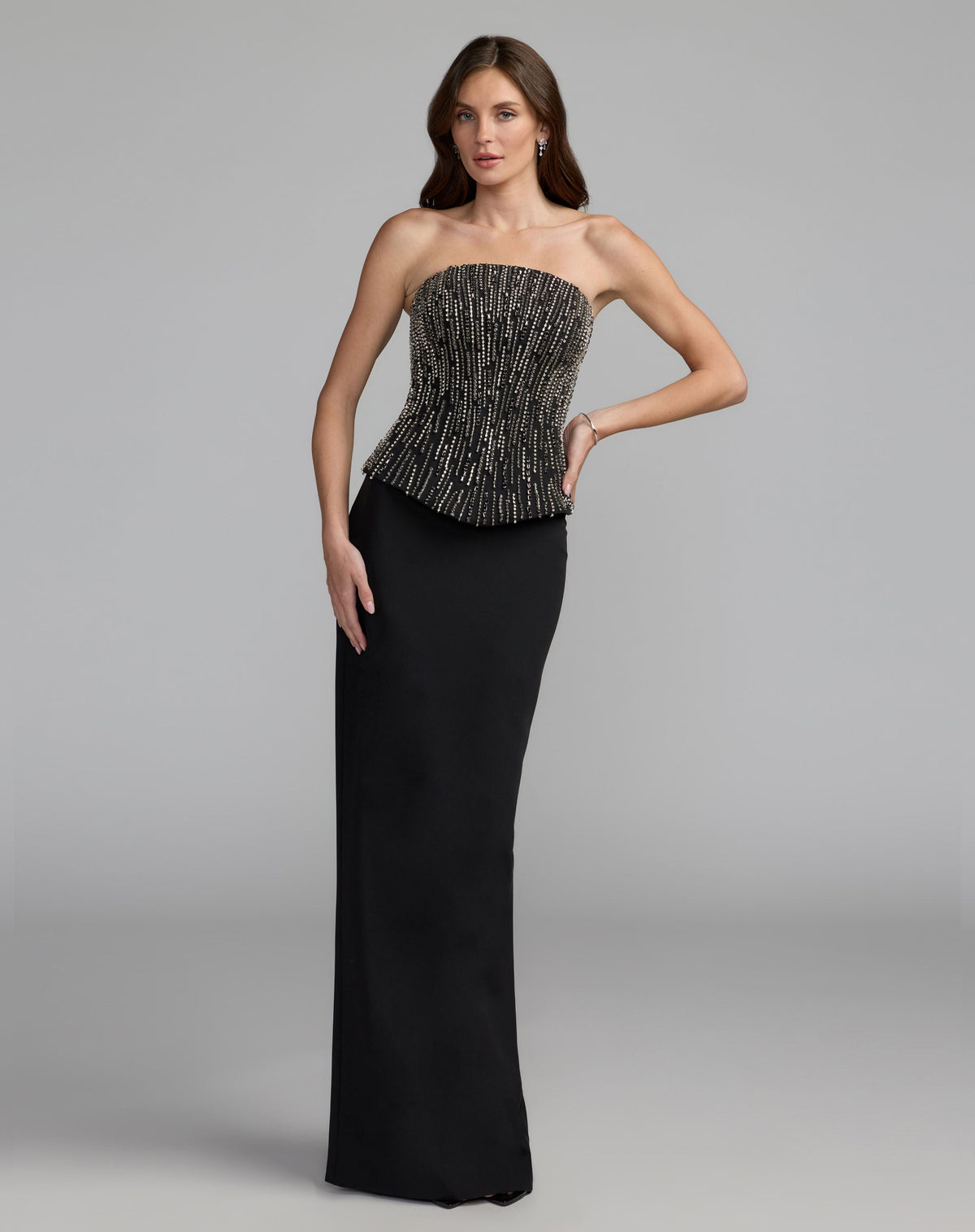 Mac Duggal #2366 black embellished crepe strapless column gown