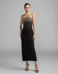 Mac Duggal #2367 black beaded strapless crepe midi dress