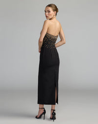 Mac Duggal #2367 black beaded strapless crepe midi dress