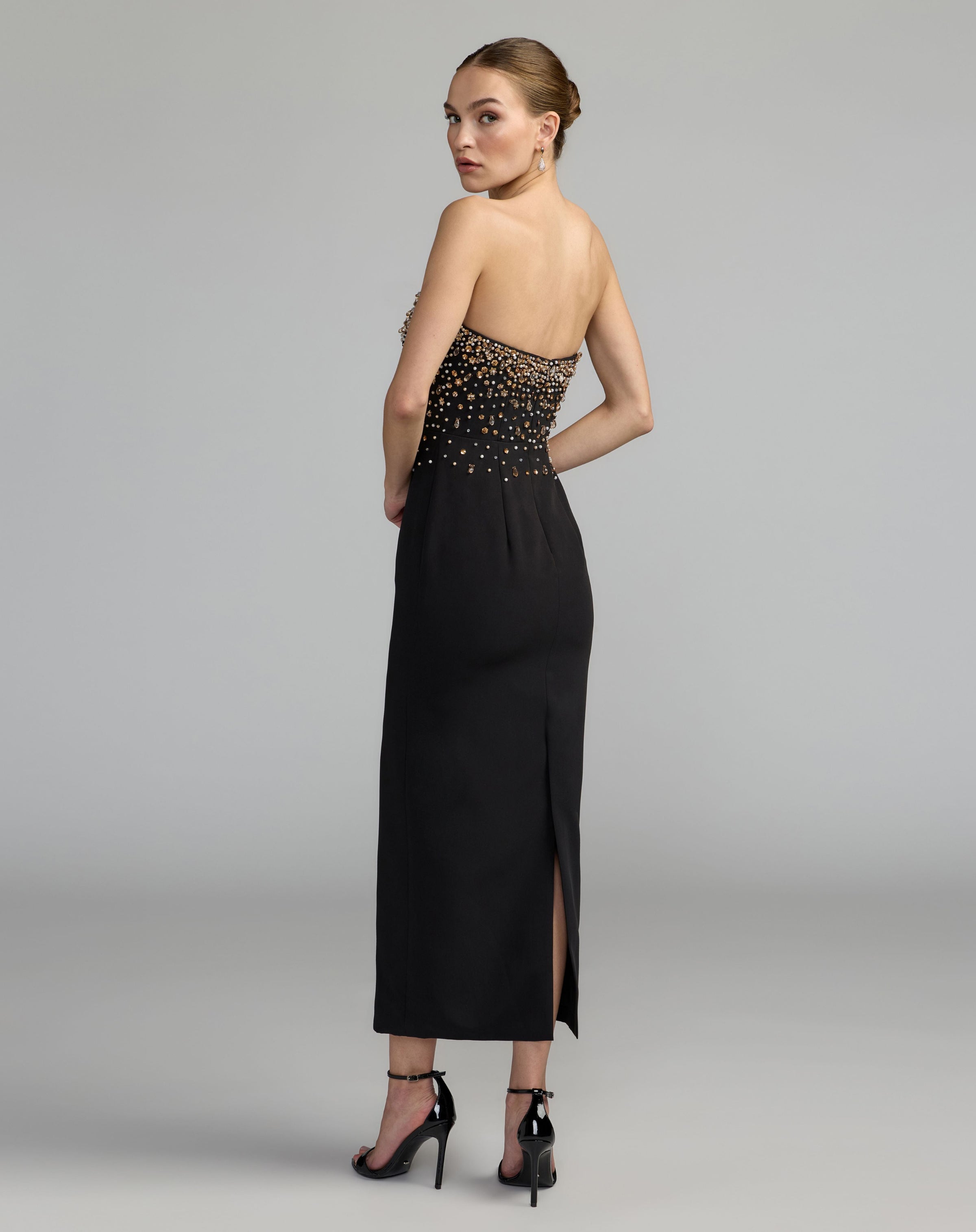 Mac Duggal #2367 black beaded strapless crepe midi dress